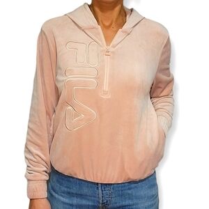 Fila Velour Pullover Hoodie Size Small Pink Side Pockets